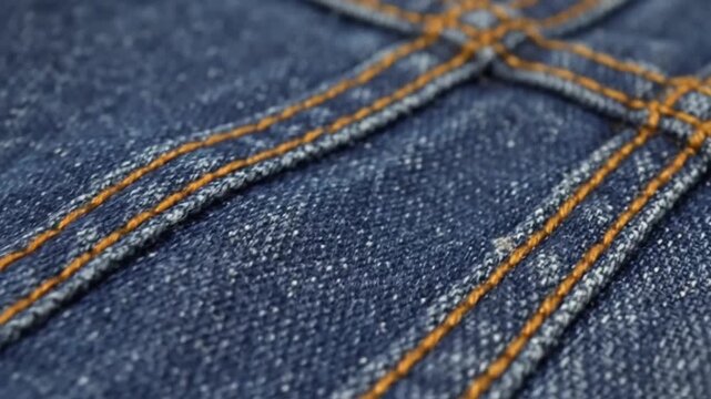 Close up denim textile displays intersecting orange stitches over deep blue fabric. Subtle focus changes emphasize grainy weave, raised seams, and durable clothing material with rich indigo tone.