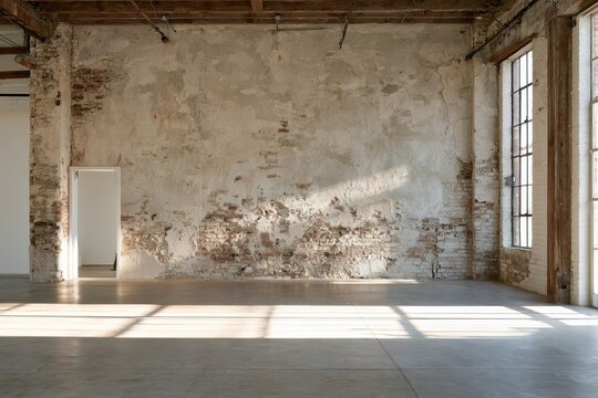 Loft apartment with grunge textures on walls, minimal furniture and moody lighting