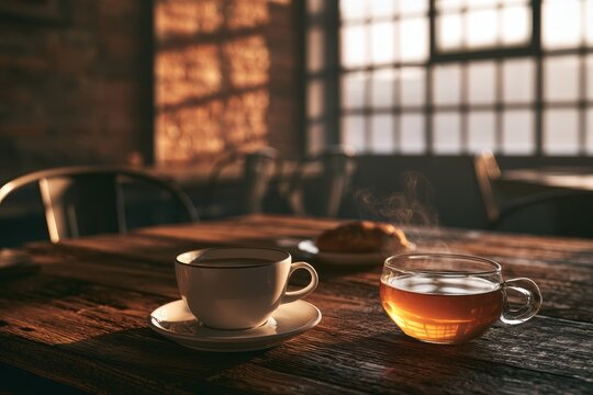 Loft-style cafe moment: coffee cup and tea on a warm wooden table