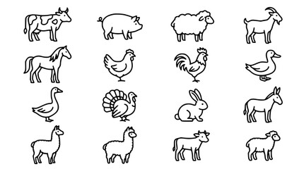 Naklejka premium Farm Animals Line Icon Set for Agriculture and Rural Life