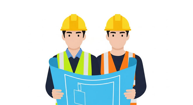 Dua pekerja konstruksi memegang blueprint proyek pembangunan