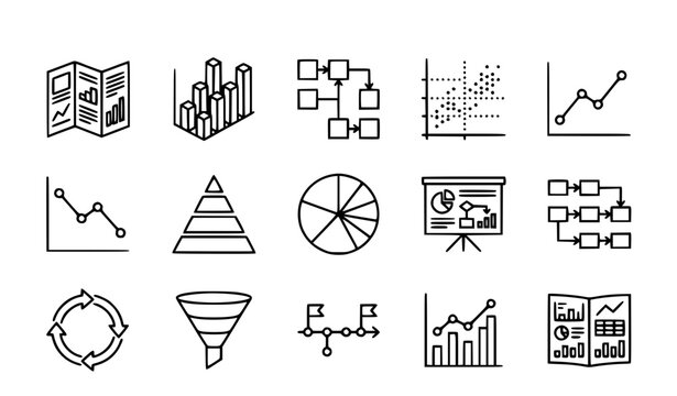 Data analysis and business intelligence line icon set with finance charts Gantt infographic and mind map