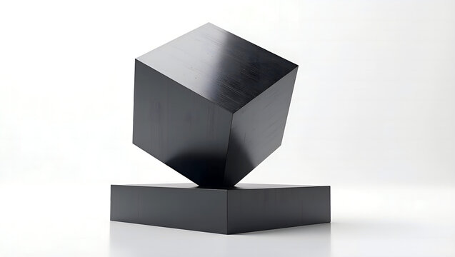 Minimalist black metallic cube balancing on one corner over a dark pedestal. Concept of quantum levitation, perfect balance, core technology, and modern design, 3D render.
