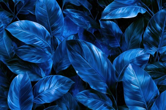 Lush blue leaves textile design with celestial light for fashion visuals