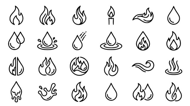 Flame and Water Drop Line Art Vector Silhouette Collection