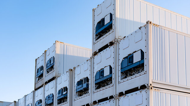 Large stack of white refrigerated cargo containers in a port terminal under a clear blue sky, ready for international shipping and export