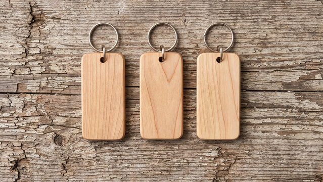 Top view of three blank rectangular wooden keychains with silver rings on a rustic wood background