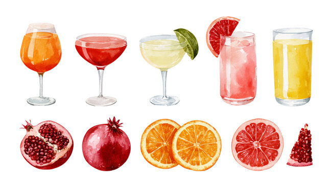 Watercolor summer cocktail drink illustration set