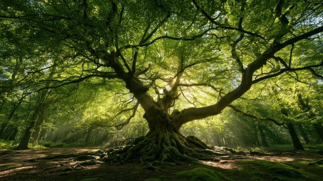 Lush tree landscape: grand trunk, sprawling roots, emerald foliage