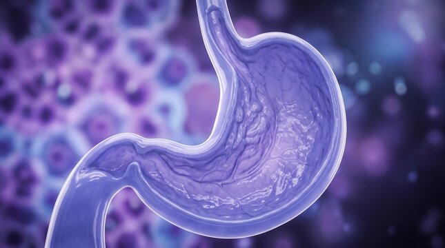 Detailed 3d render of human stomach anatomy showing complex internal lining and tissue structure against soft purple glowing background with artistic medical lighting and focus