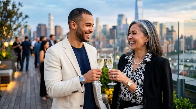 Elegant couple with an age gap toasting with champagne on a city rooftop. Mature woman and young man celebrating at an evening event