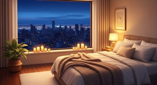 Cozy bedroom interior with warm lighting candles and city skyline view at night.