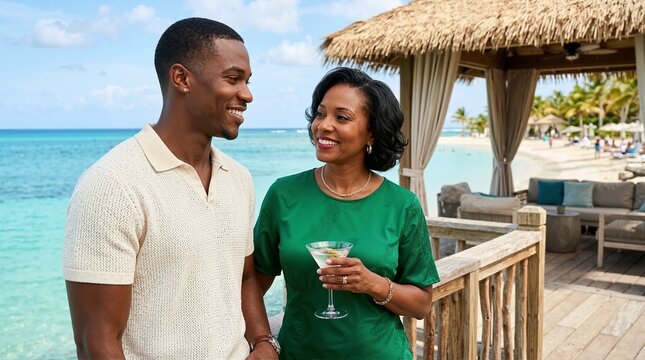 Happy Black couple with an age gap enjoying a tropical vacation. Mature woman and young man smiling on a beach resort deck