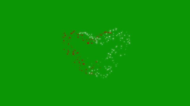 Glitter shiny stars and particles red love on green background,sparkling and shine with little star heart shape,valentines day hearts and glitter shiny stars on red animation, romantic love trail. 4k