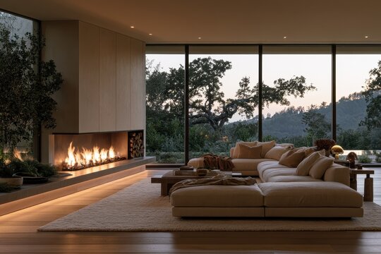 Luxurious living room with roaring fireplace and expansive windows in a modern home