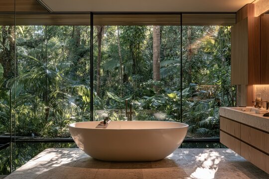 Luxurious modern bathroom with freestanding tub and forest-view glass wall