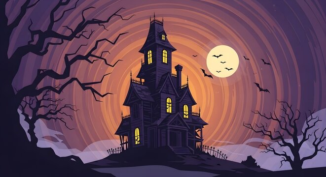 Spooky haunted house illustration under a full moon with bats and bare trees.