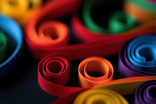 Macro close-up of vibrant quilling paper curls on a black background