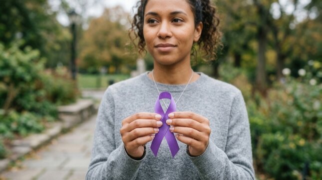 Young Woman Holding Purple Ribbon For Awareness Campaign