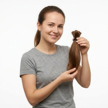 Young Woman Holds Bunched Brown Hair For Donation And Charity Cause