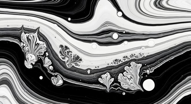 Abstract black and white marble texture with fluid acrylic swirls and organic floral shapes.