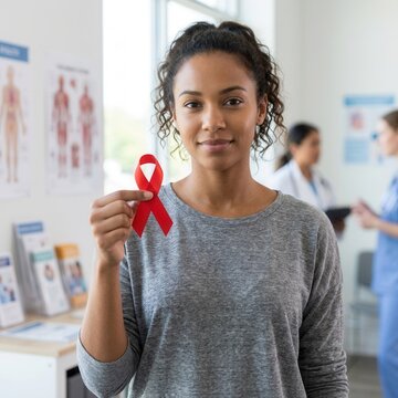 Young Woman Holds Red Ribbon Symbolizing Hope And Support For Health Awareness