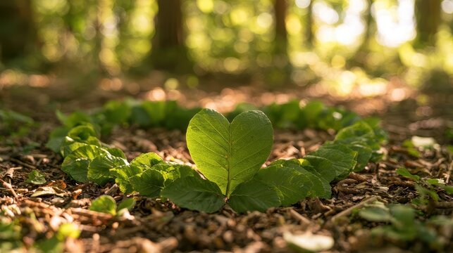 Macro photograph of green leaves forming a heart shape to symbolize love for nature and ecology