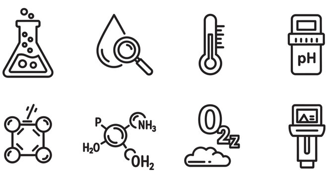 Science Equipment Line Icons On White Background analytical chemistry beaker biology
