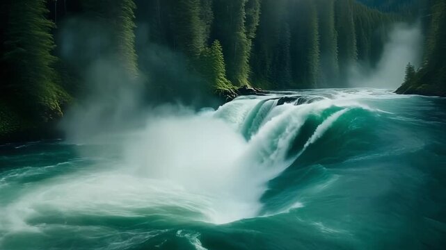 Whitewater chute rushing through a dense alpine pine forest