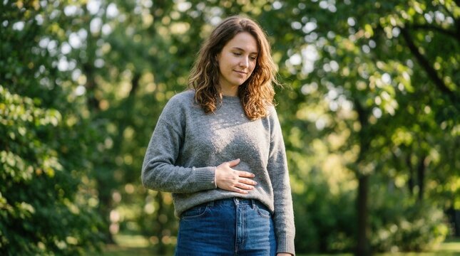 Woman Gently Holds Her Stomach Outdoors Surrounded By Lush Greenery