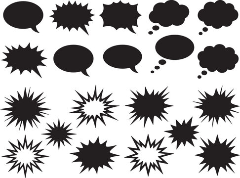 Set of black speech bubbles and comic explosion shapes for chat design and dynamic visual elements.