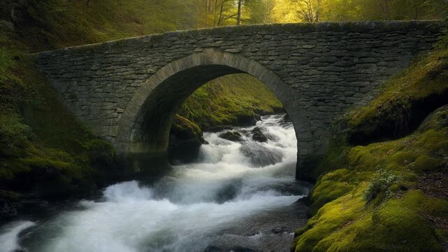 Whitewater chute rushing under an ancient stone bridge in the forest