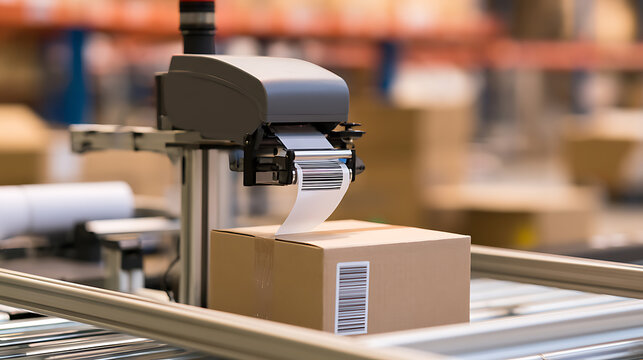 Automated machine label cardboard box on conveyor belt in modern distribution fulfillment warehouse, logistics transport and delivery tech