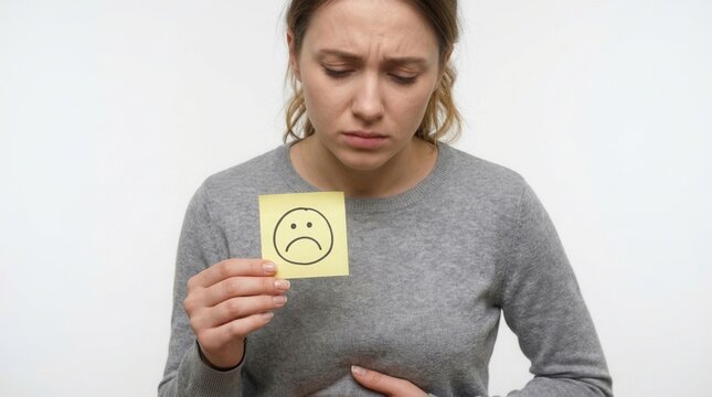 Woman Expressing Sadness With Smiley Face Note And Discomfort