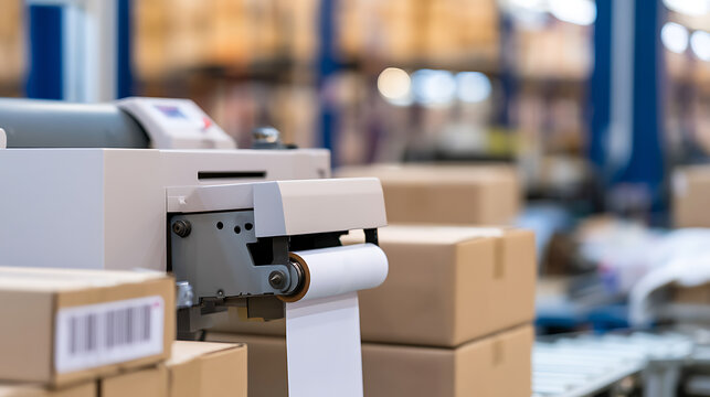 Automated barcode printer device dispensing label sticker roll in modern warehouse facility surrounded by stack cardboard shipping boxes parcel