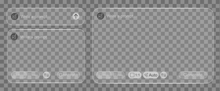 AI Prompt UI Box Set with Glassmorphism Text Input Fields, Settings, and Generate Buttons for App Interface Design