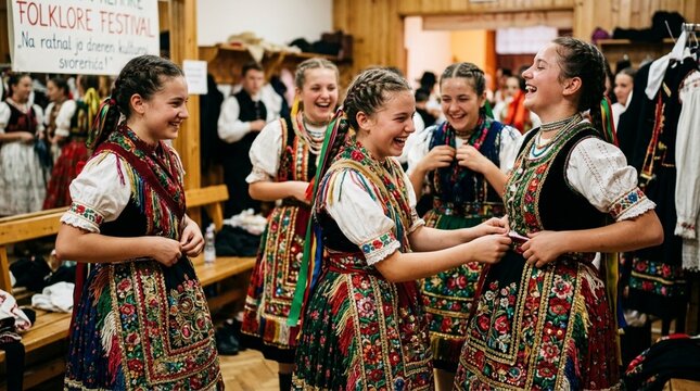 Young women smiling and adjusting their traditional embroidered folk costumes