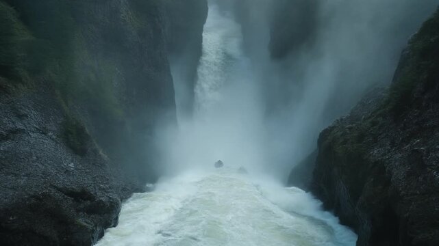 Whitewater chute rushing through narrow dark canyon