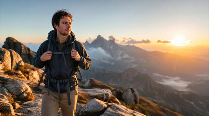 Fototapeta premium Male Hiker with Backpack on Mountain Peak at Sunset