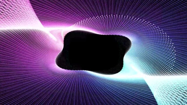 Cinematic seamless loop of a synchrotron particle vortex. Luminous cyan and hot pink telemetry streams orbit an anamorphic core on a black background. Ideal for high-tech sci-fi promos, UI backdrops, 