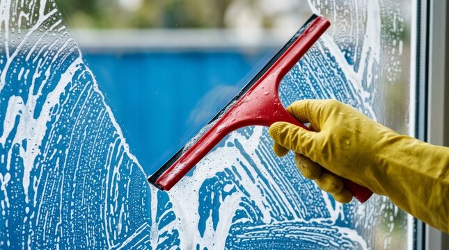 Person cleaning glass window with red squeegee and yellow gloves for home chores