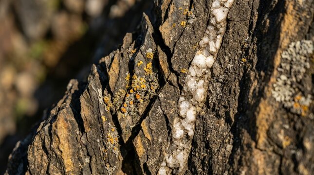 A close-up view of weathered rock with a white quartz vein cutting through, reflecting tectonic shifts related to an earthquake within a rugged geological formation outdoors