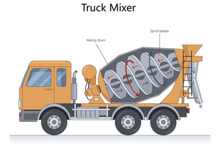concrete mixer truck showing the rotating mixing drum, internal spiral blades, and discharge chute system diagram hand drawn schematic raster. Science educational illustration © Oleksandr Pokusai