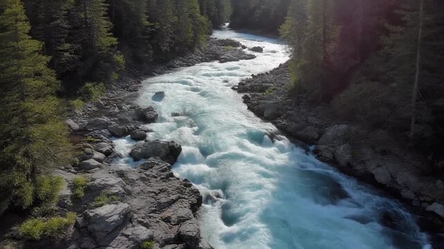 Whitewater chute rushing through rocky mountain river canyon