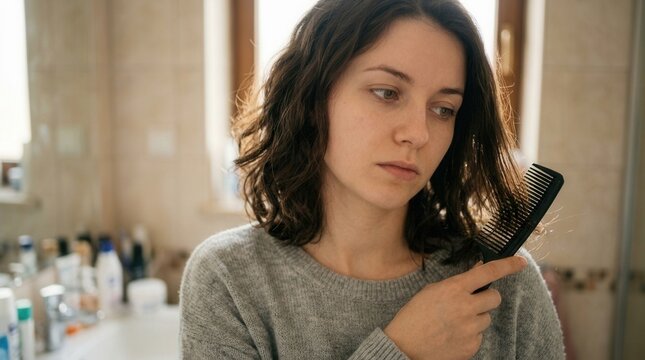 Young Woman Concerned About Hair Loss While Brushing Hair In Bathroom