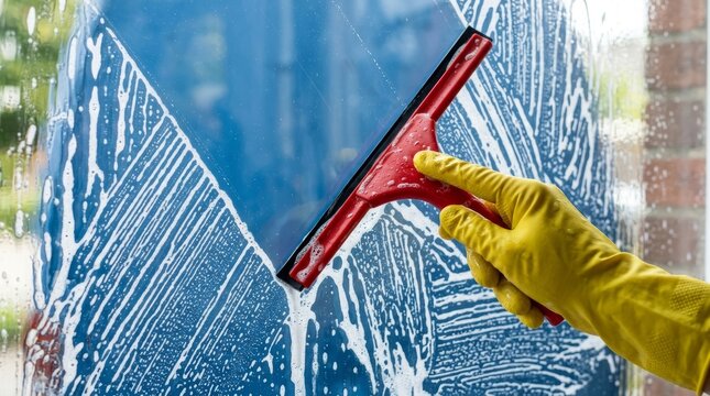 Close up of hand wearing yellow glove using red squeegee cleaning window surface