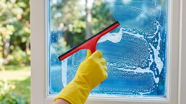 Person using red squeegee with yellow gloves cleaning outdoor glass window surface