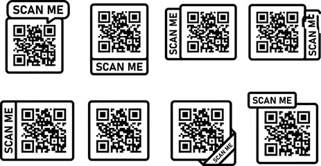 Fototapeta premium QR code scan me icon set, 8 black line vector elements for mobile payment and digital marketing, minimalist barcode stickers