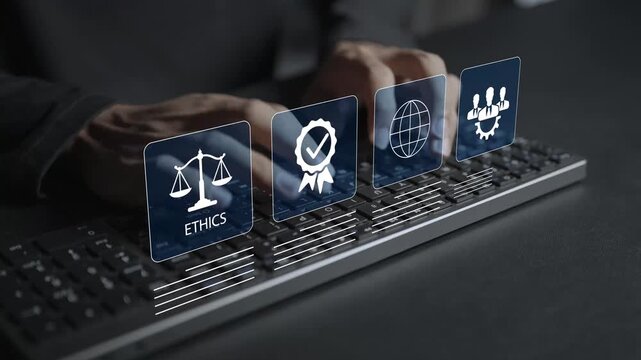Digital business ethics behavior and manners concept. Person typing keyboard with corporate responsibility, fairness and trust icons, workplace culture and compliance.