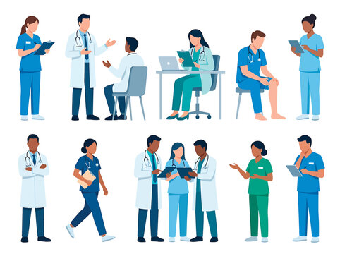 Medical team characters group of doctors and nurses in flat illustration style.